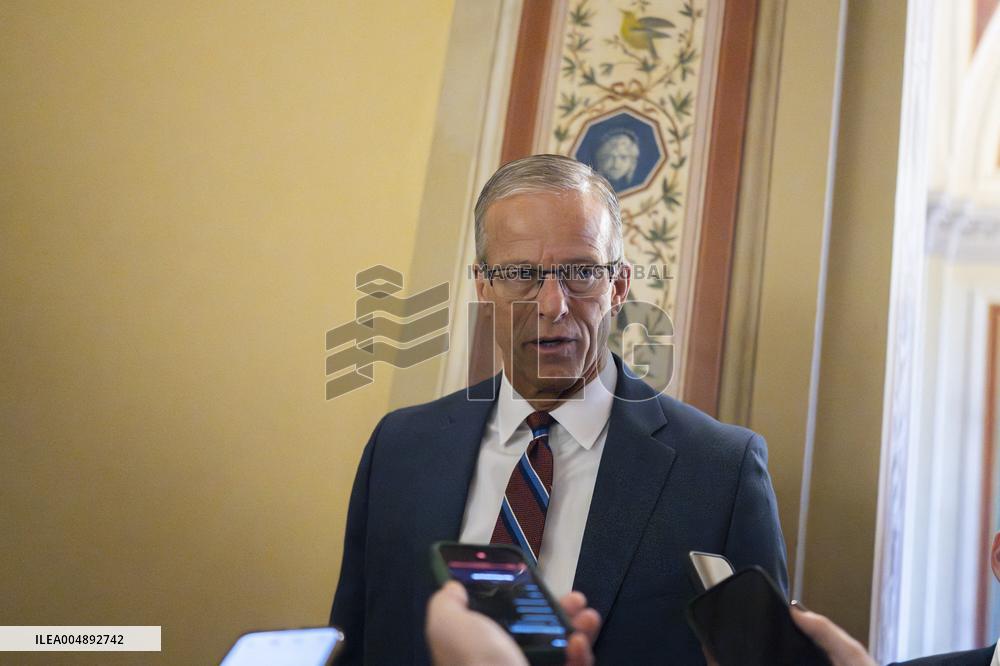 United States Senate Majority Leader John Thune (Republican of South Dakota) speaks to press on the steps of the senate