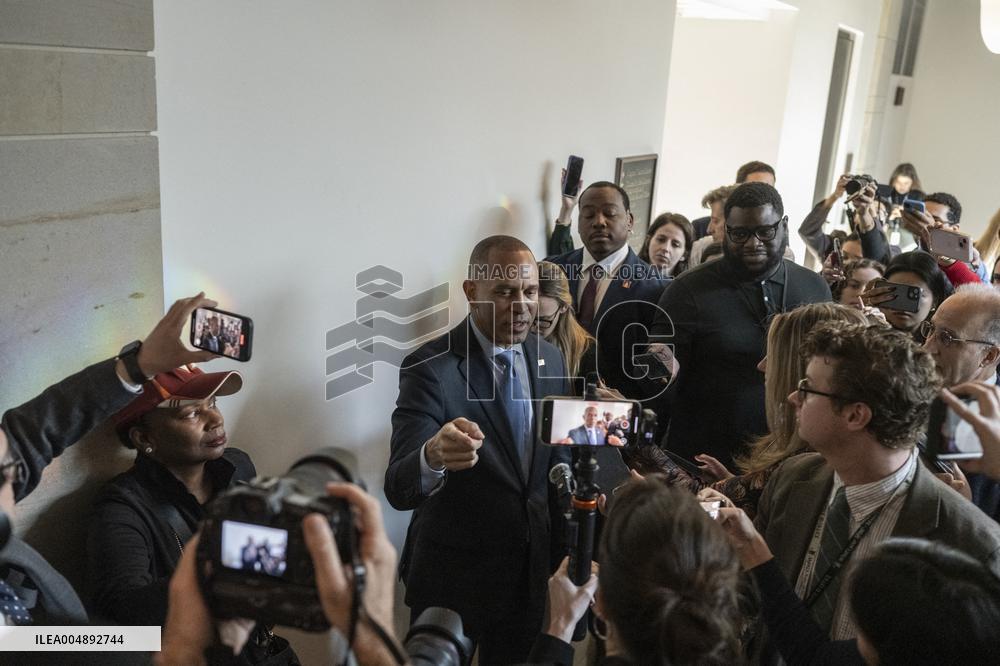 United States House Minority Leader Hakeem Jeffries speaks to press after a press conference on the 41st day of the Democrat Shu