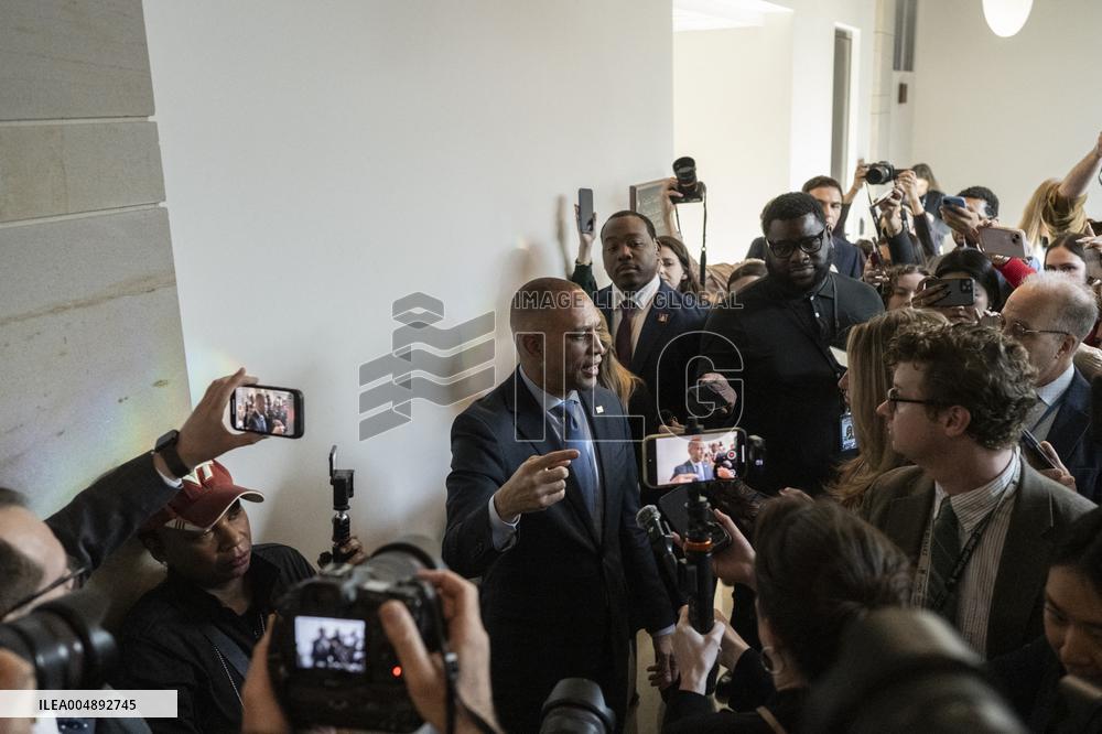 United States House Minority Leader Hakeem Jeffries speaks to press after a press conference on the 41st day of the Democrat Shu