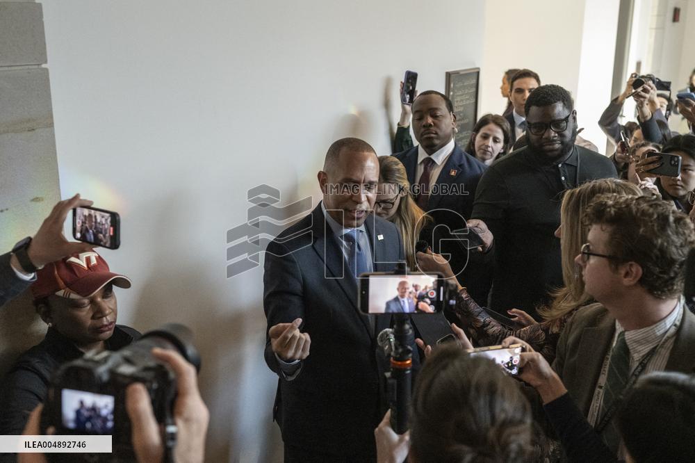 United States House Minority Leader Hakeem Jeffries speaks to press after a press conference on the 41st day of the Democrat Shu