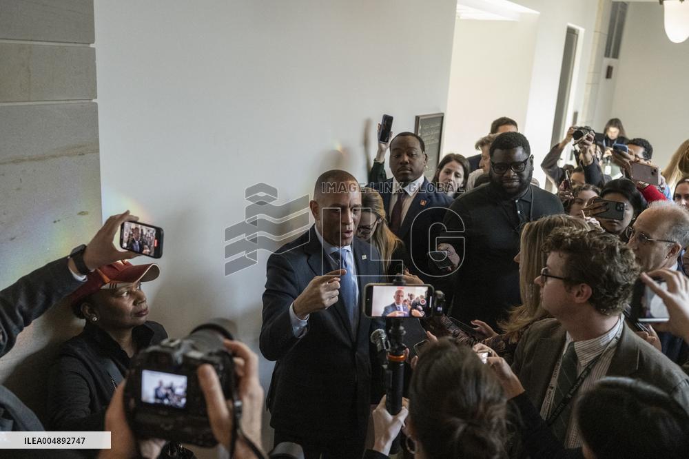 United States House Minority Leader Hakeem Jeffries speaks to press after a press conference on the 41st day of the Democrat Shu