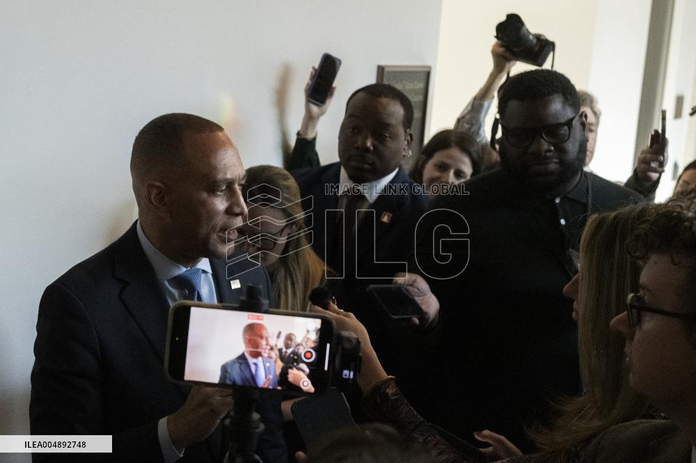 United States House Minority Leader Hakeem Jeffries speaks to press after a press conference on the 41st day of the Democrat Shu