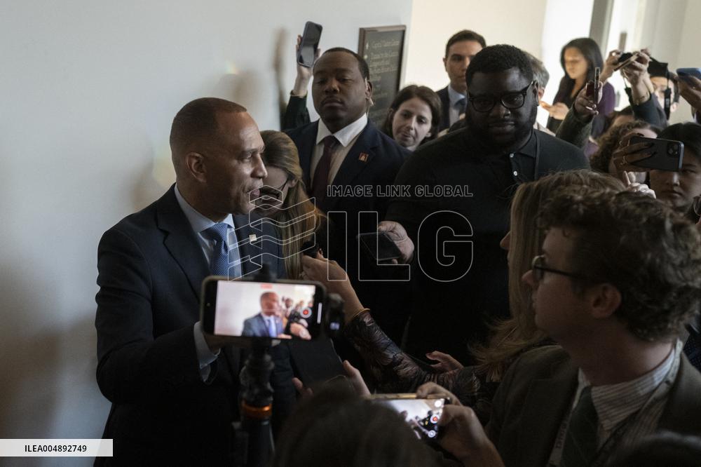 United States House Minority Leader Hakeem Jeffries speaks to press after a press conference on the 41st day of the Democrat Shu
