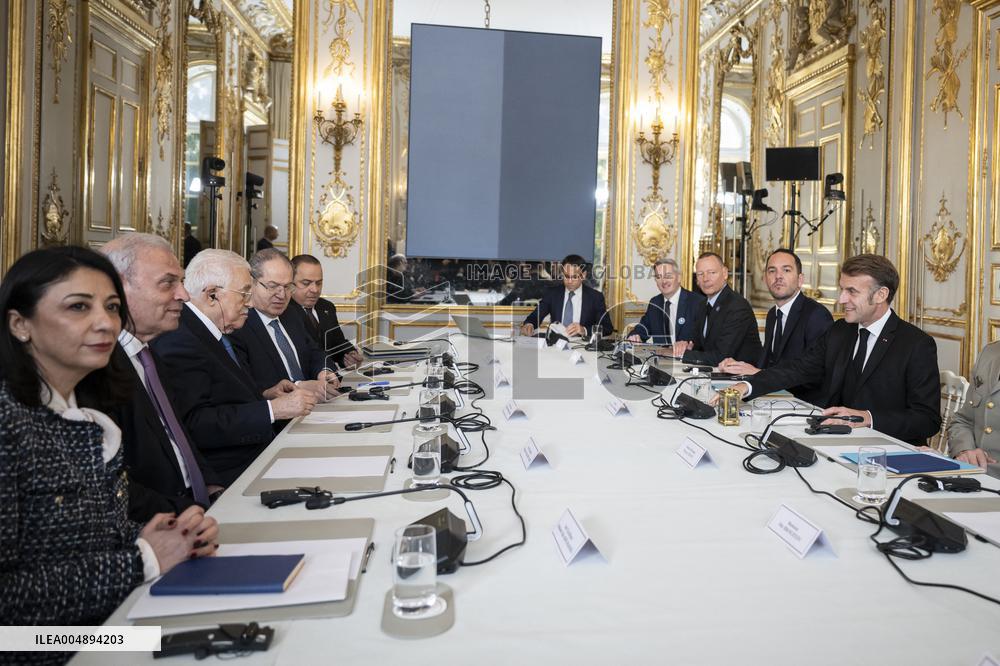 Macron receives Mahmud Abbas at Elysee Palace - Paris