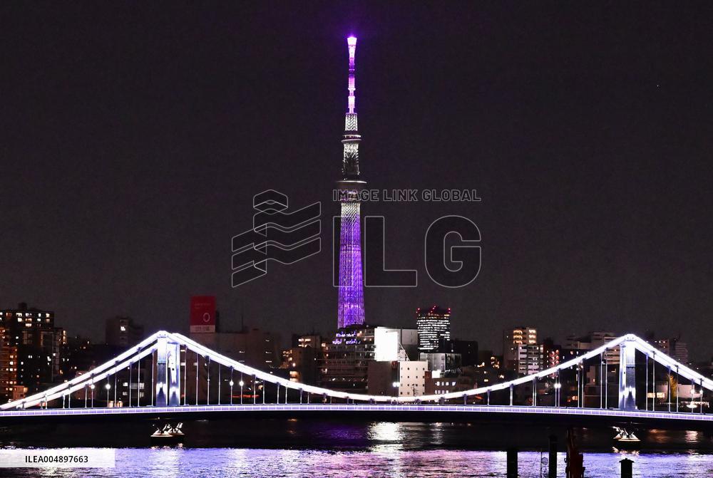 Tokyo Skytree in anti-gendered violence color
