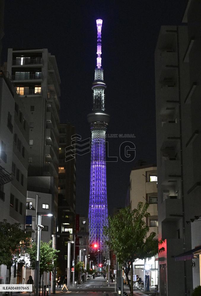 Tokyo Skytree in anti-gendered violence color
