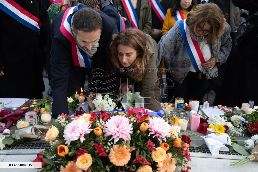 Marine Tondelier attends 13 november memorial at the Place de la Republique - Paris