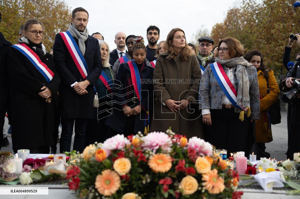 Marine Tondelier attends 13 november memorial at the Place de la Republique - Paris