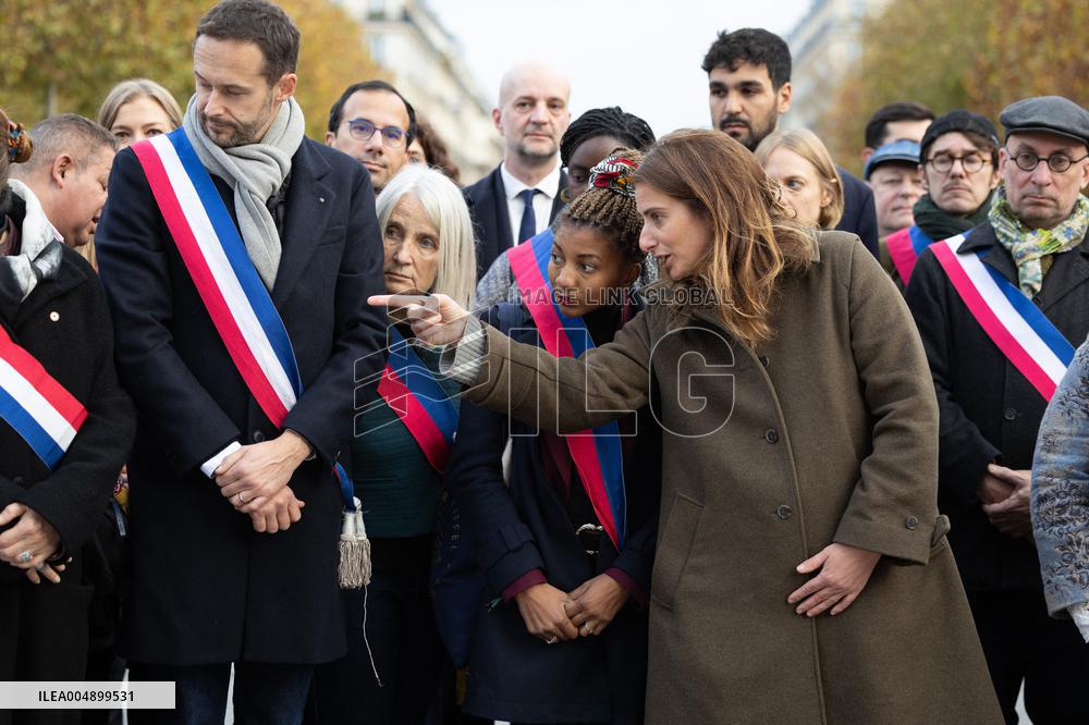 Marine Tondelier attends 13 november memorial at the Place de la Republique - Paris