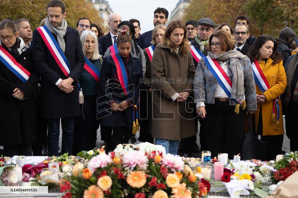Marine Tondelier attends 13 november memorial at the Place de la Republique - Paris