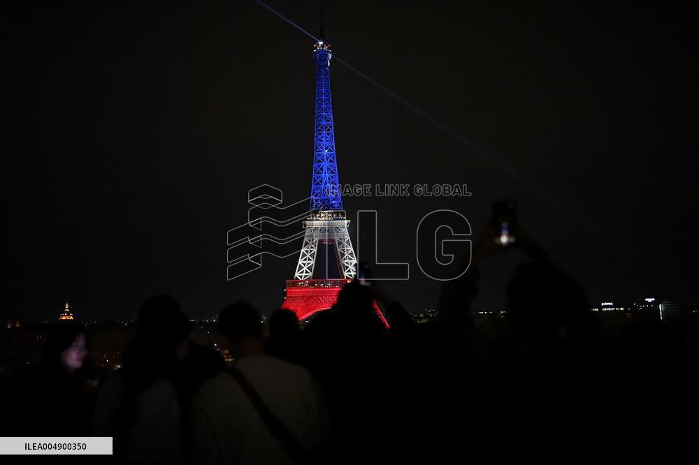 Eiffel Towers, Colors Of the French Flag For The Victims Of November 13th 2015 Terrorist Attacks. FC