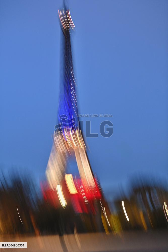 Eiffel Towers, Colors Of the French Flag For The Victims Of November 13th 2015 Terrorist Attacks. FC