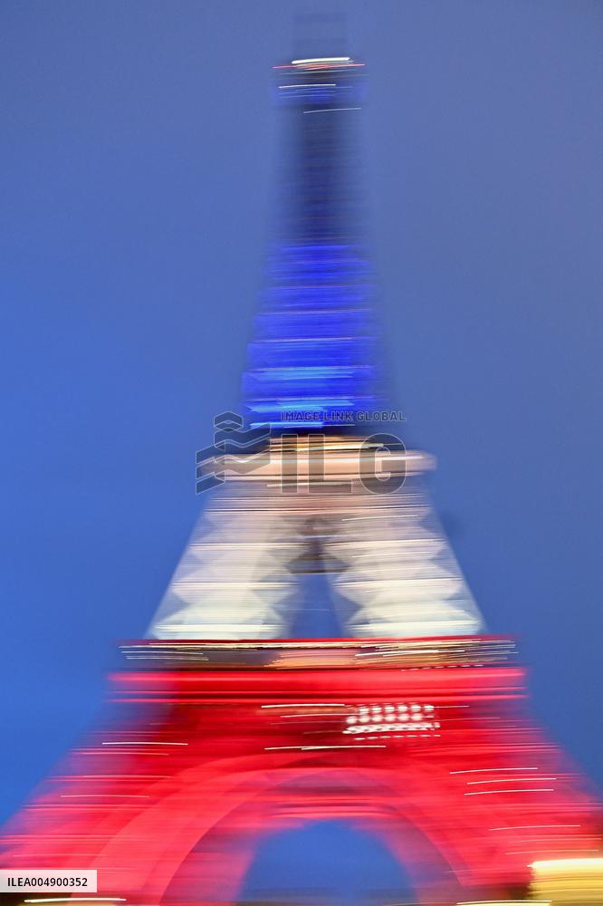 Eiffel Towers, Colors Of the French Flag For The Victims Of November 13th 2015 Terrorist Attacks. FC