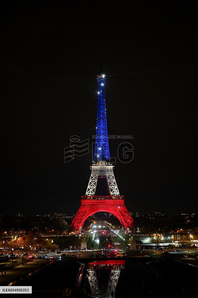 Eiffel Towers, Colors Of the French Flag For The Victims Of November 13th 2015 Terrorist Attacks. FC