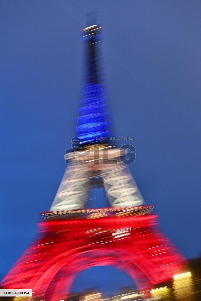 Eiffel Towers, Colors Of the French Flag For The Victims Of November 13th 2015 Terrorist Attacks. FC