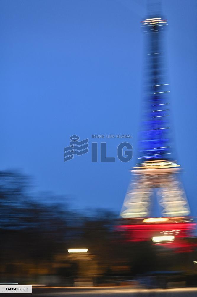 Eiffel Towers, Colors Of the French Flag For The Victims Of November 13th 2015 Terrorist Attacks. FC