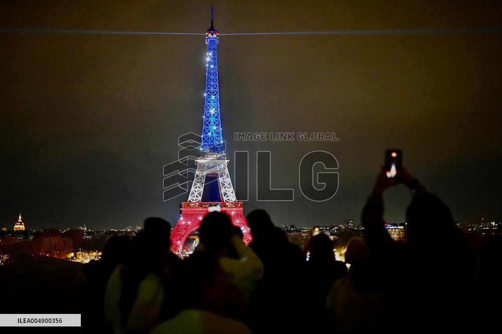 Eiffel Towers, Colors Of the French Flag For The Victims Of November 13th 2015 Terrorist Attacks. FC