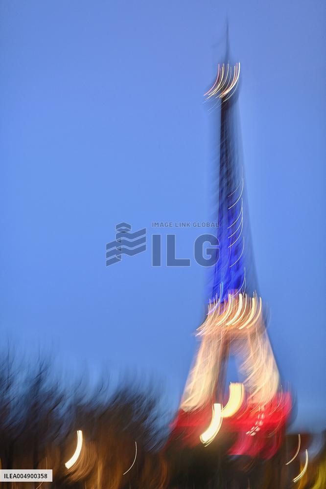 Eiffel Towers, Colors Of the French Flag For The Victims Of November 13th 2015 Terrorist Attacks. FC