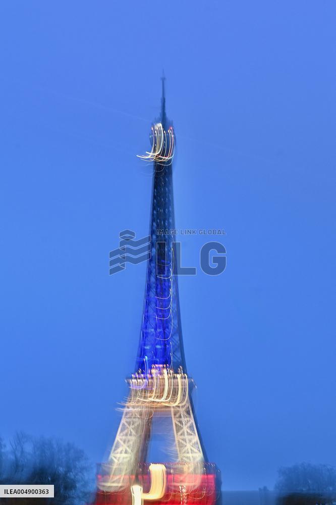 Eiffel Towers, Colors Of the French Flag For The Victims Of November 13th 2015 Terrorist Attacks. FC