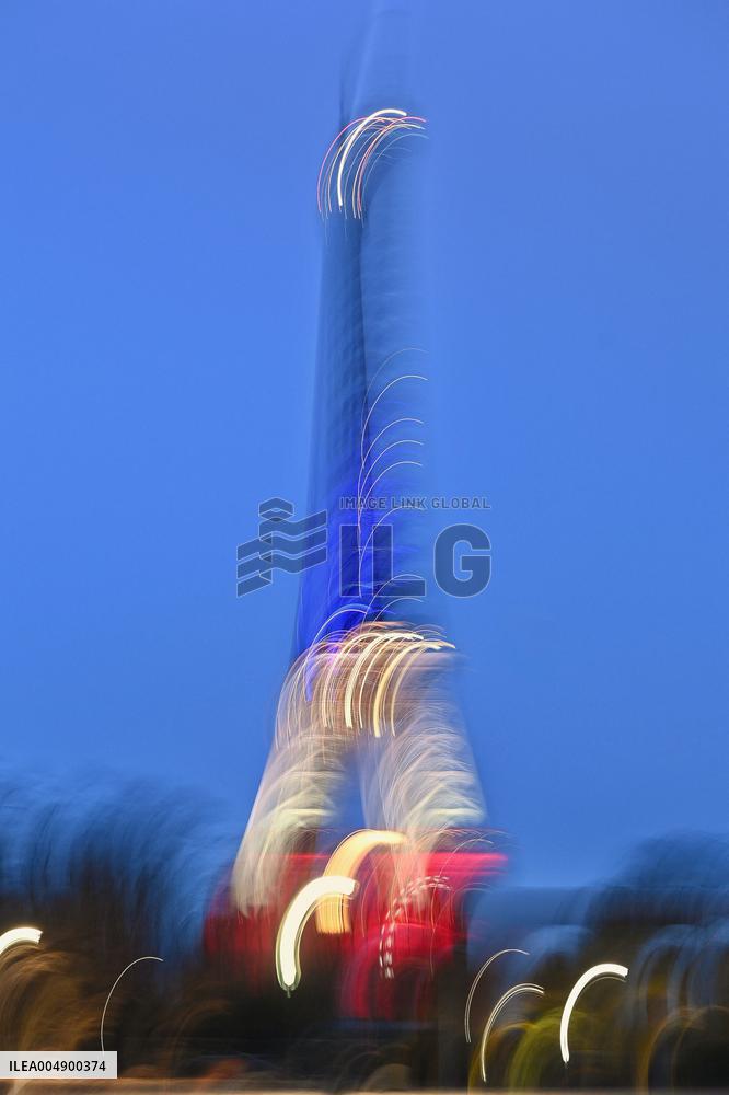 Eiffel Towers, Colors Of the French Flag For The Victims Of November 13th 2015 Terrorist Attacks. FC