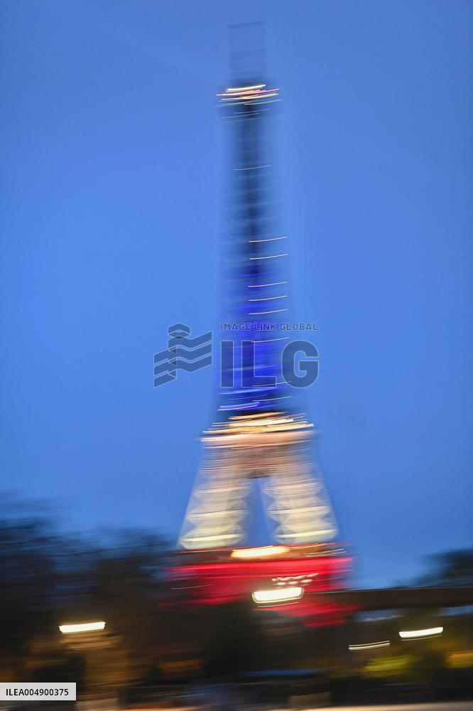 Eiffel Towers, Colors Of the French Flag For The Victims Of November 13th 2015 Terrorist Attacks. FC