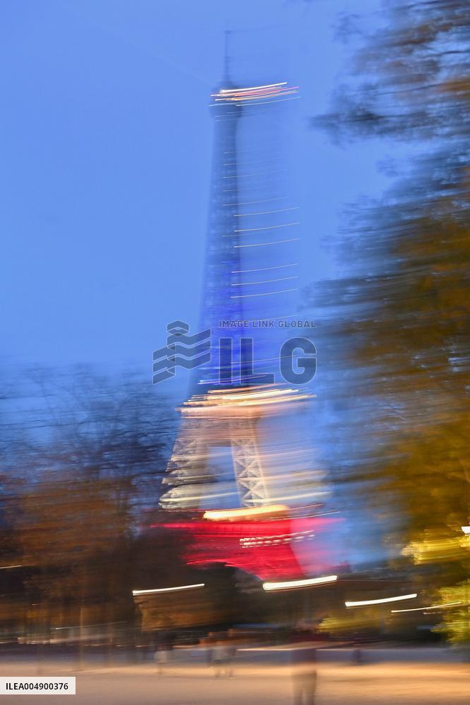 Eiffel Towers, Colors Of the French Flag For The Victims Of November 13th 2015 Terrorist Attacks. FC