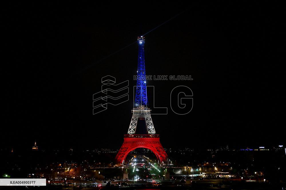 Eiffel Towers, Colors Of the French Flag For The Victims Of November 13th 2015 Terrorist Attacks. FC
