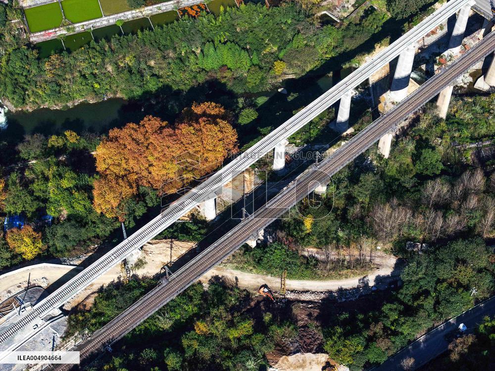 Construction site of a bridge along the southern extension project of Weng'an-Machangping Railway