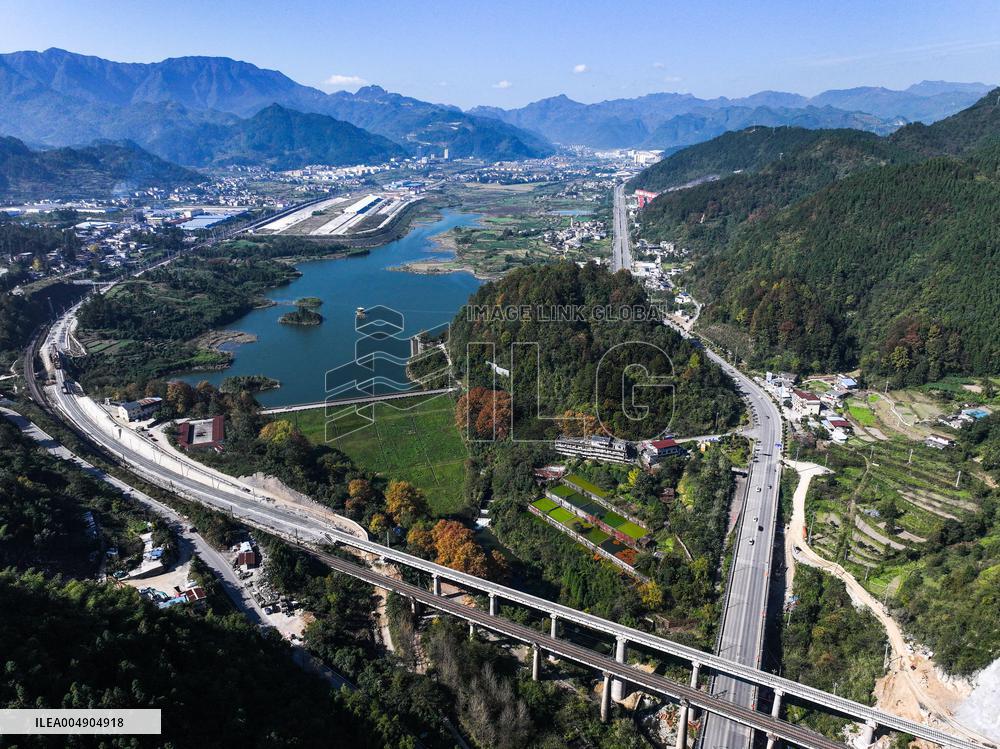 Construction site of a bridge along the southern extension project of Weng'an-Machangping Railway