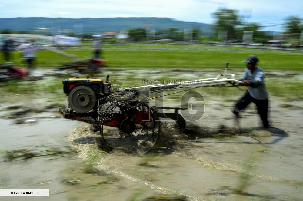 Farmers in a rice field tractors racing on a muddy rice field - Kebonagung