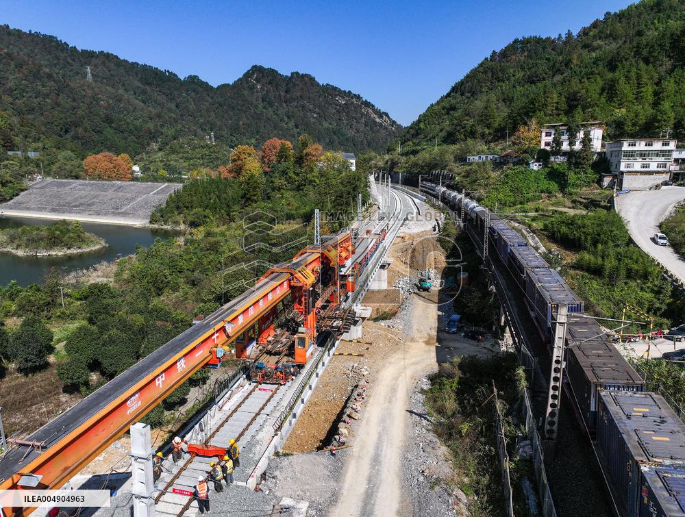 Construction site of a bridge along the southern extension project of Weng'an-Machangping Railway