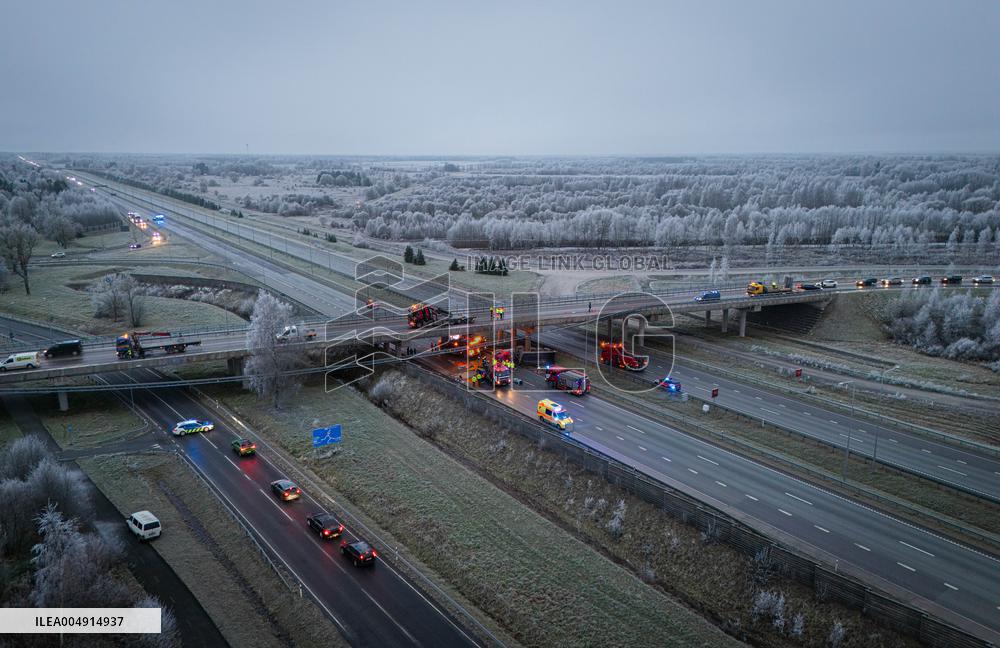 A truck fell off the overpass