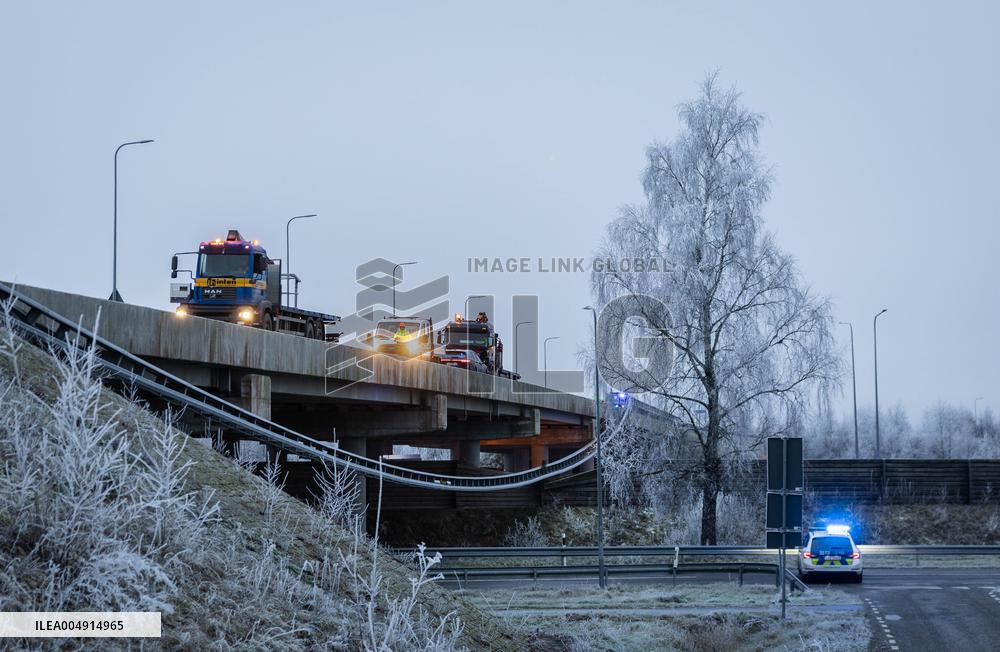 A truck fell off the overpass
