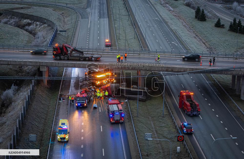 A truck fell off the overpass