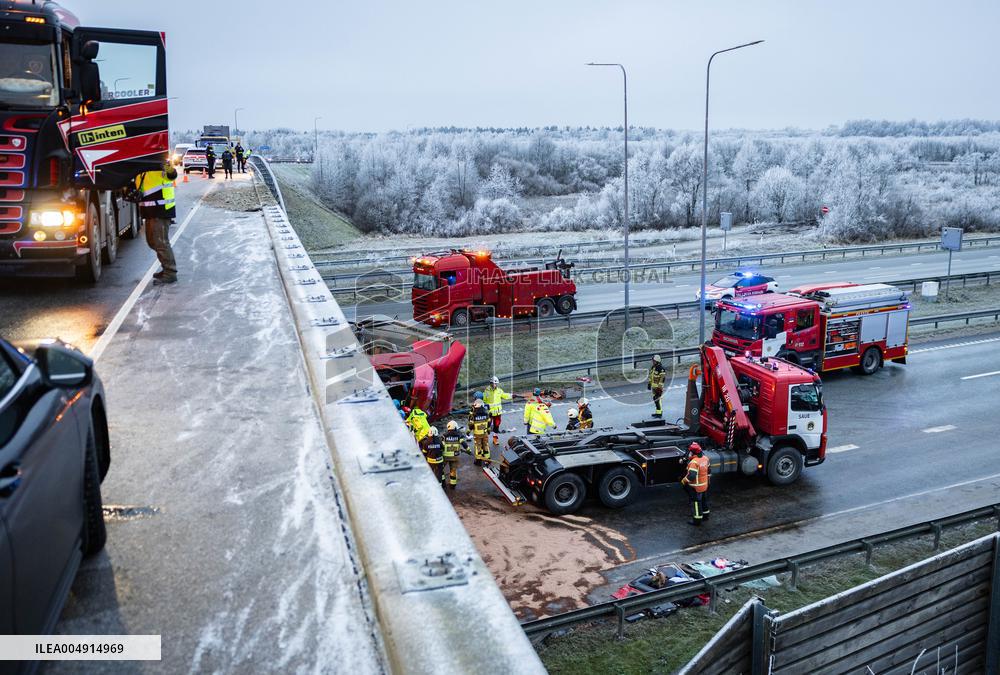 A truck fell off the overpass
