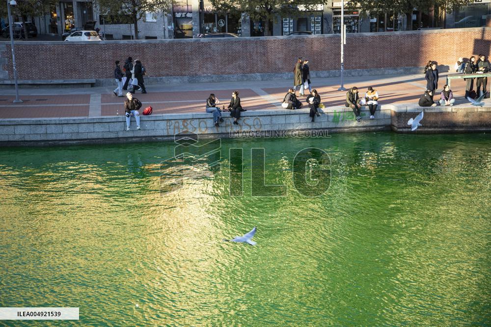 Extinction Rebellion Blitz Paints Navigli and Darsena Canals Green To Protest Against Climate Change - Italy