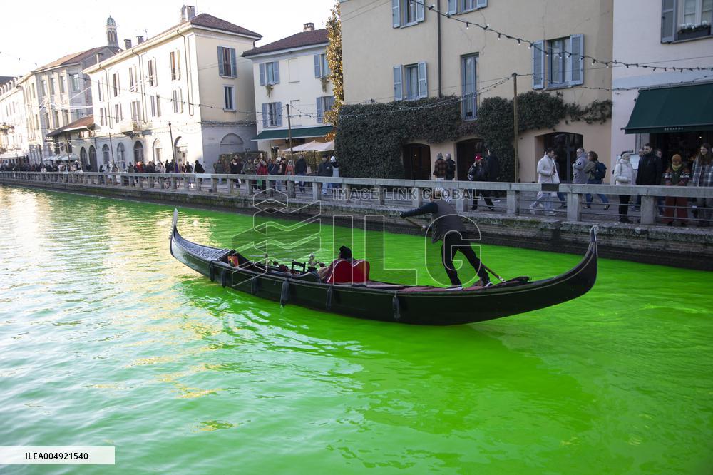 Extinction Rebellion Blitz Paints Navigli and Darsena Canals Green To Protest Against Climate Change - Italy