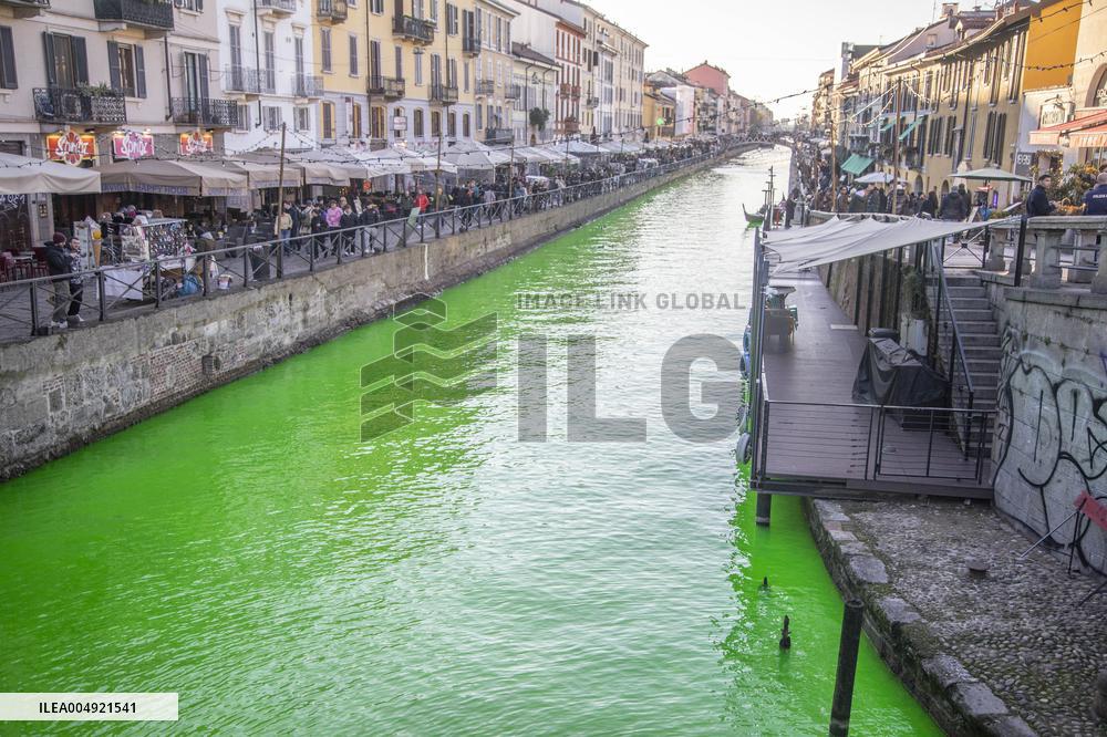Extinction Rebellion Blitz Paints Navigli and Darsena Canals Green To Protest Against Climate Change - Italy