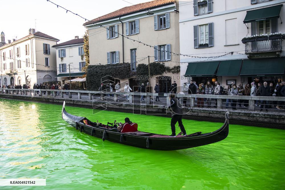 Extinction Rebellion Blitz Paints Navigli and Darsena Canals Green To Protest Against Climate Change - Italy
