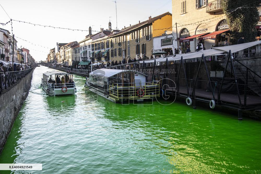 Extinction Rebellion Blitz Paints Navigli and Darsena Canals Green To Protest Against Climate Change - Italy