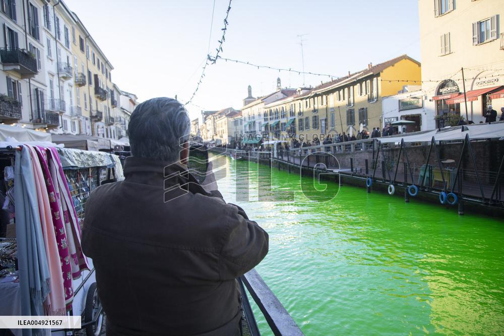 Extinction Rebellion Blitz Paints Navigli and Darsena Canals Green To Protest Against Climate Change - Italy