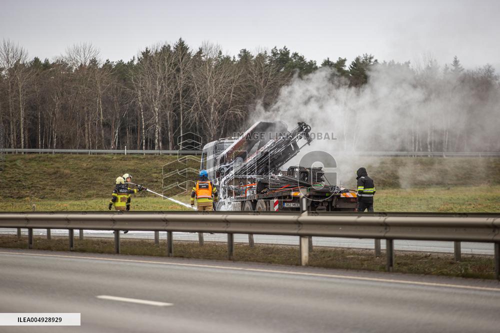 Burning truck on motorway
