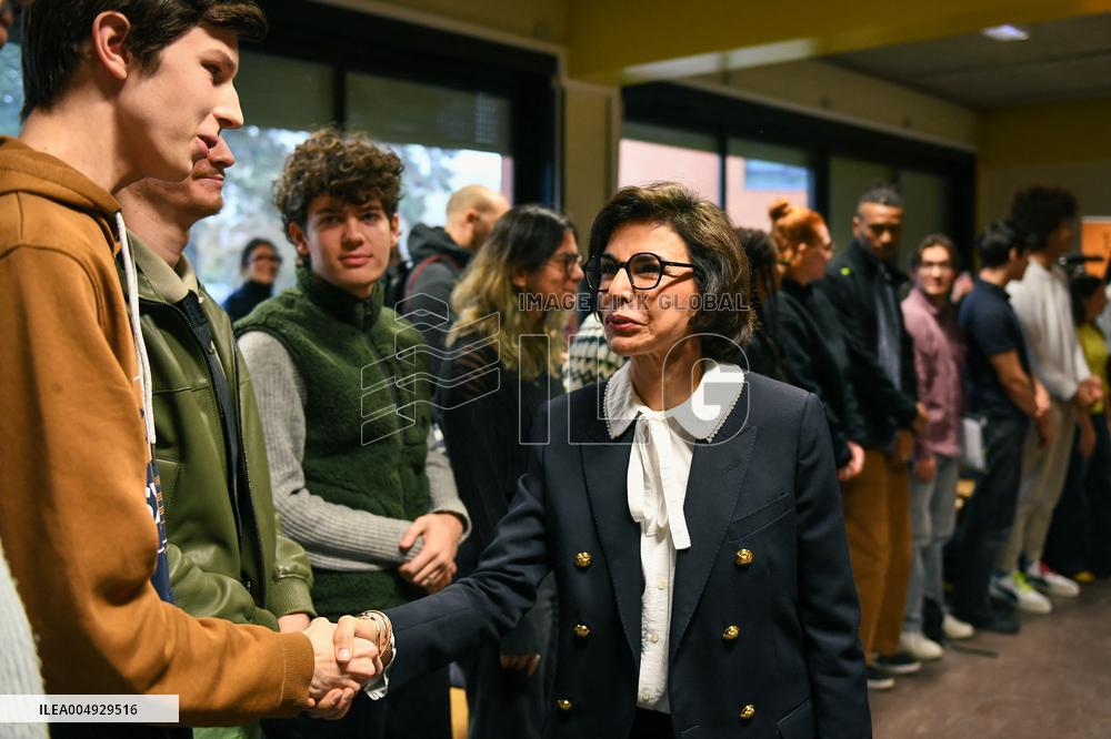Rachida Dati and Edouard Geffray visit a cinema and a high school in Creteil near Paris FA