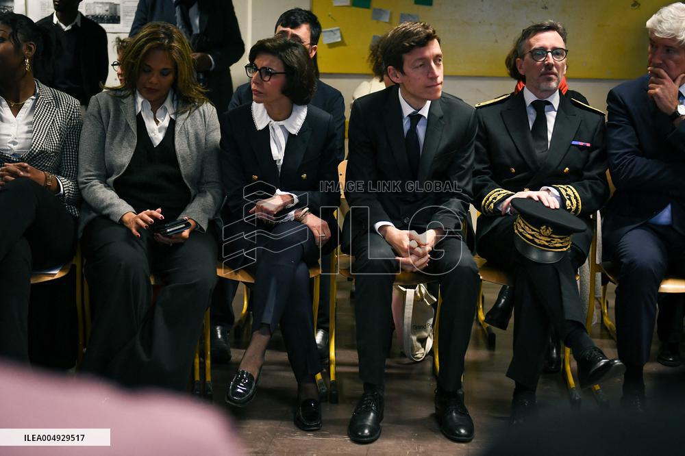 Rachida Dati and Edouard Geffray visit a cinema and a high school in Creteil near Paris FA