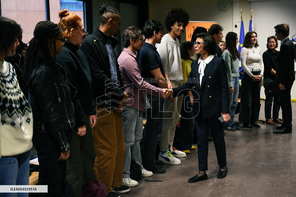 Rachida Dati and Edouard Geffray visit a cinema and a high school in Creteil near Paris FA