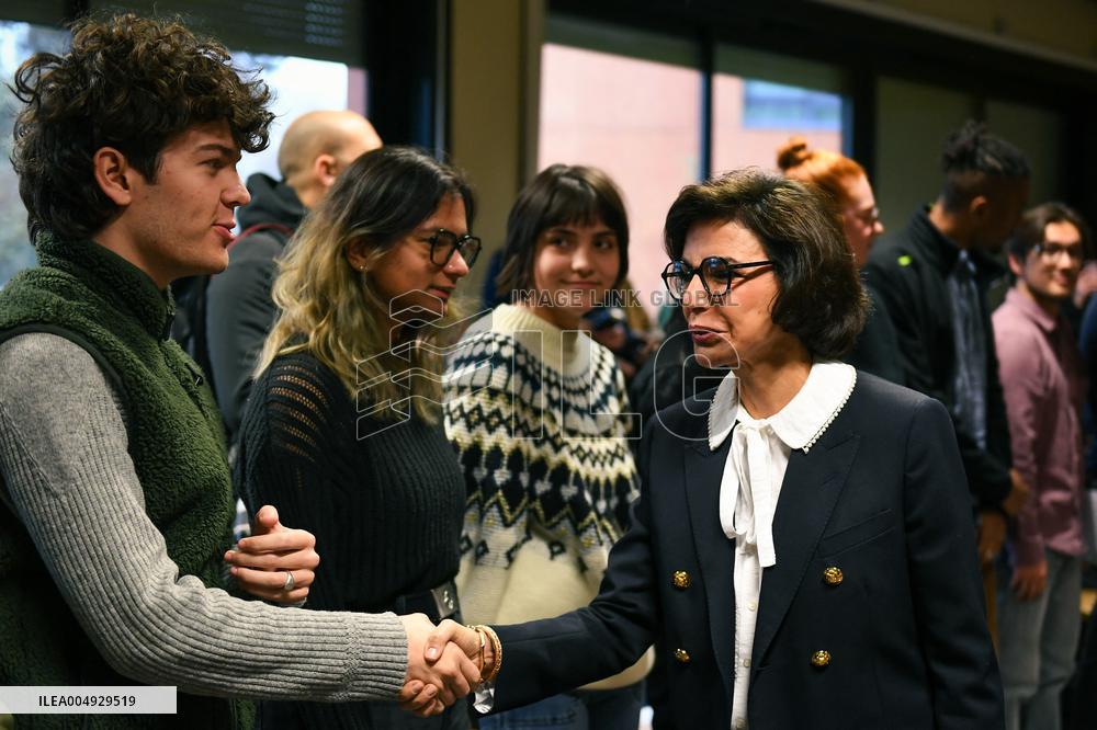 Rachida Dati and Edouard Geffray visit a cinema and a high school in Creteil near Paris FA