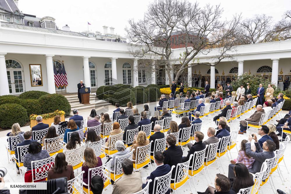 President Trump pardons turkey in the Rose Garden of the White House