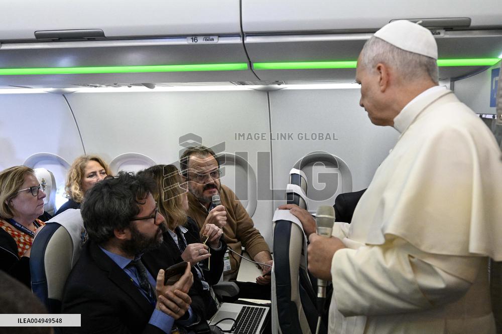 Pope Leo XIV Speaks To Press Aboard the Plane Back From Lebanon