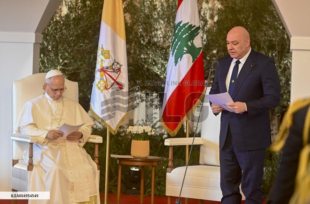 Pope Leo Xiv and Lebanon's President at A Valedictory Ceremony - Beirut