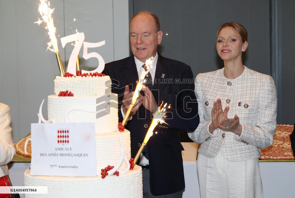 NO TABLOIDS - Prince Albert and Princess Charlene with Friendship Group of Monegasque Elders - Monaco